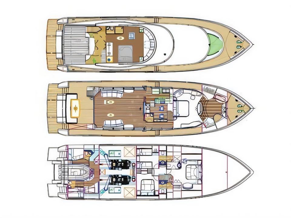 Layout of Johnson 87 motoryacht with 5 cabins Croatia yacht charter
