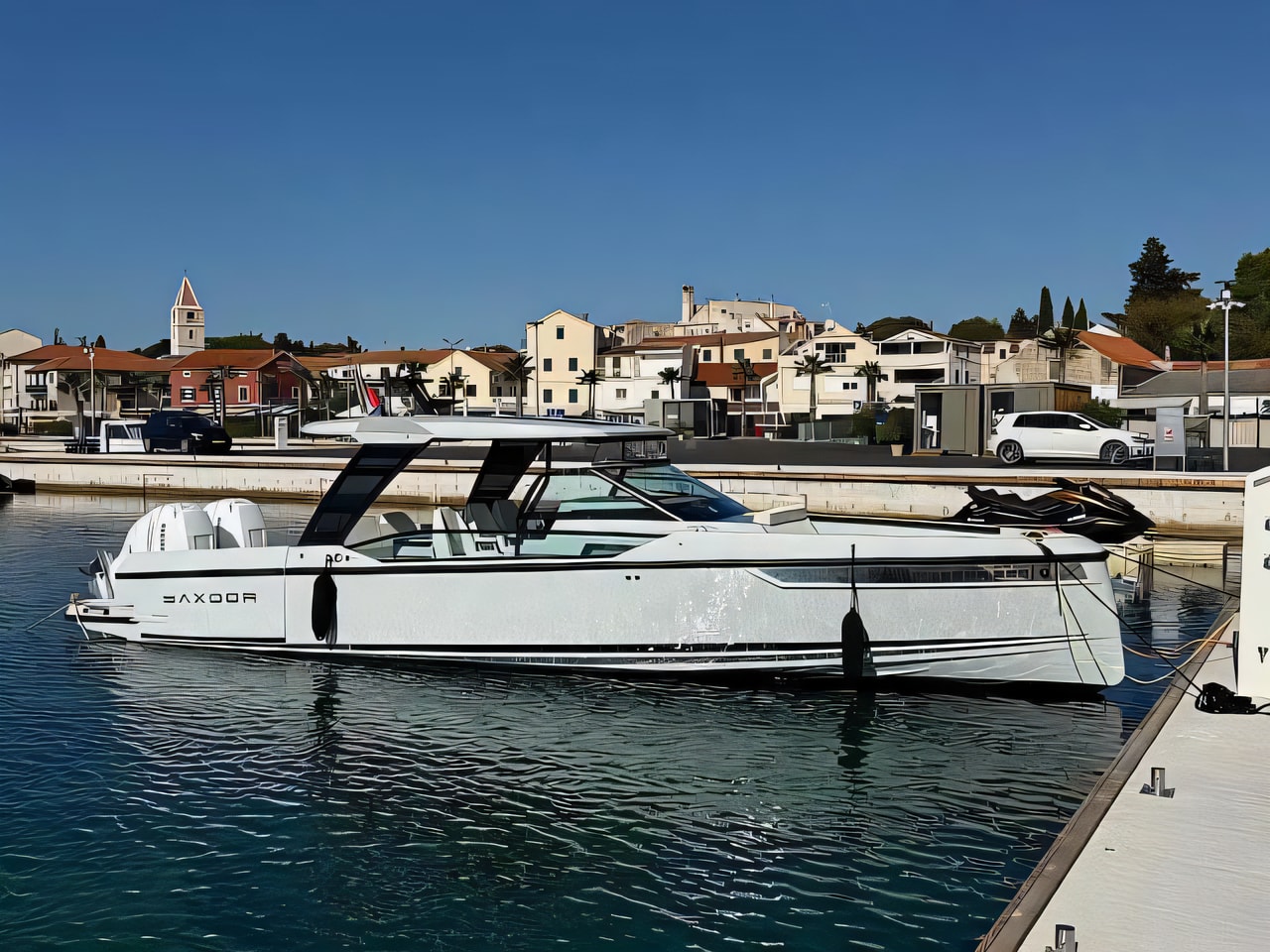 Exterior overview of Saxdor 320 GTO motor boat for charter from Sukosan Marina Dalmacija in the Kornati sailing area Croatia