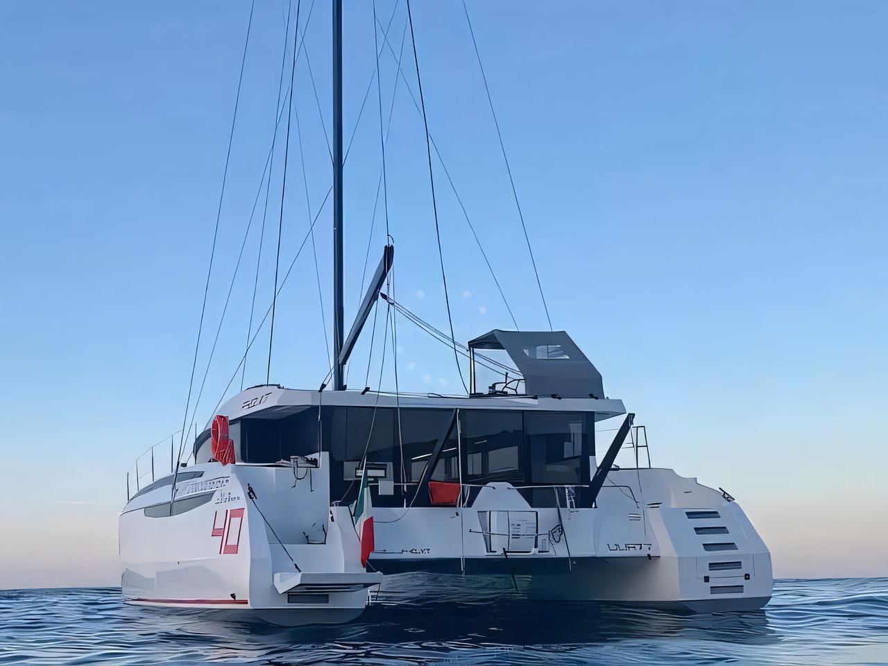 Exterior overview of Delta F40-XT catamaran for charter from Zadar Marina in the Kornati sailing area Croatia