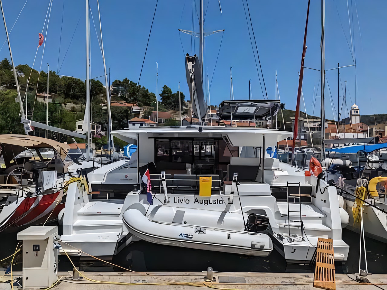 Exterior overview of Astrea 42 catamaran for charter from Primosten Marina Kremik in the Kornati sailing area Croatia