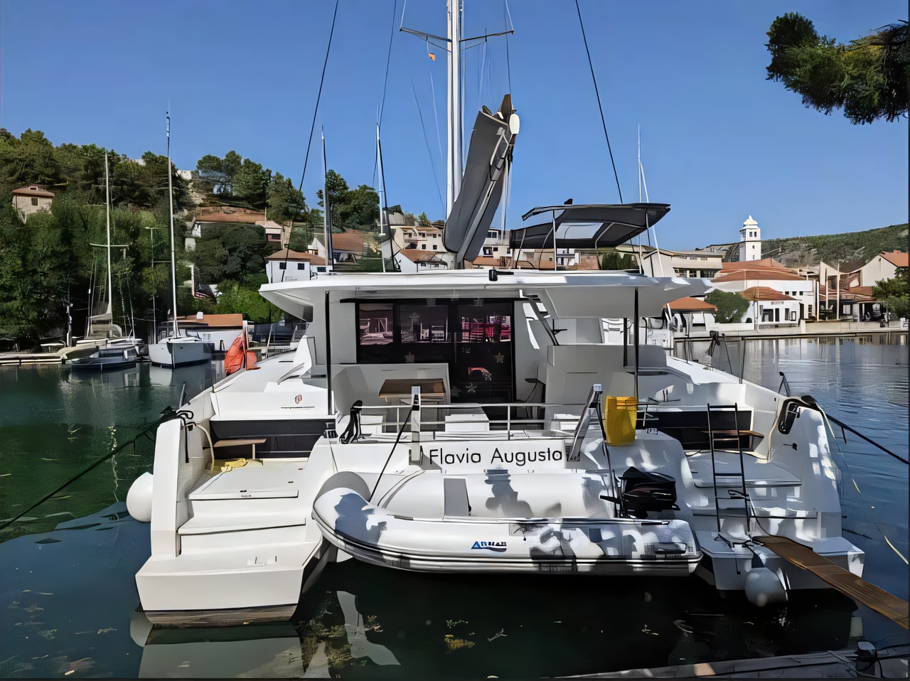 Exterior overview of Astrea 42 catamaran for charter from Krk Marina Punat in the Istria / Kvarner sailing area Croatia