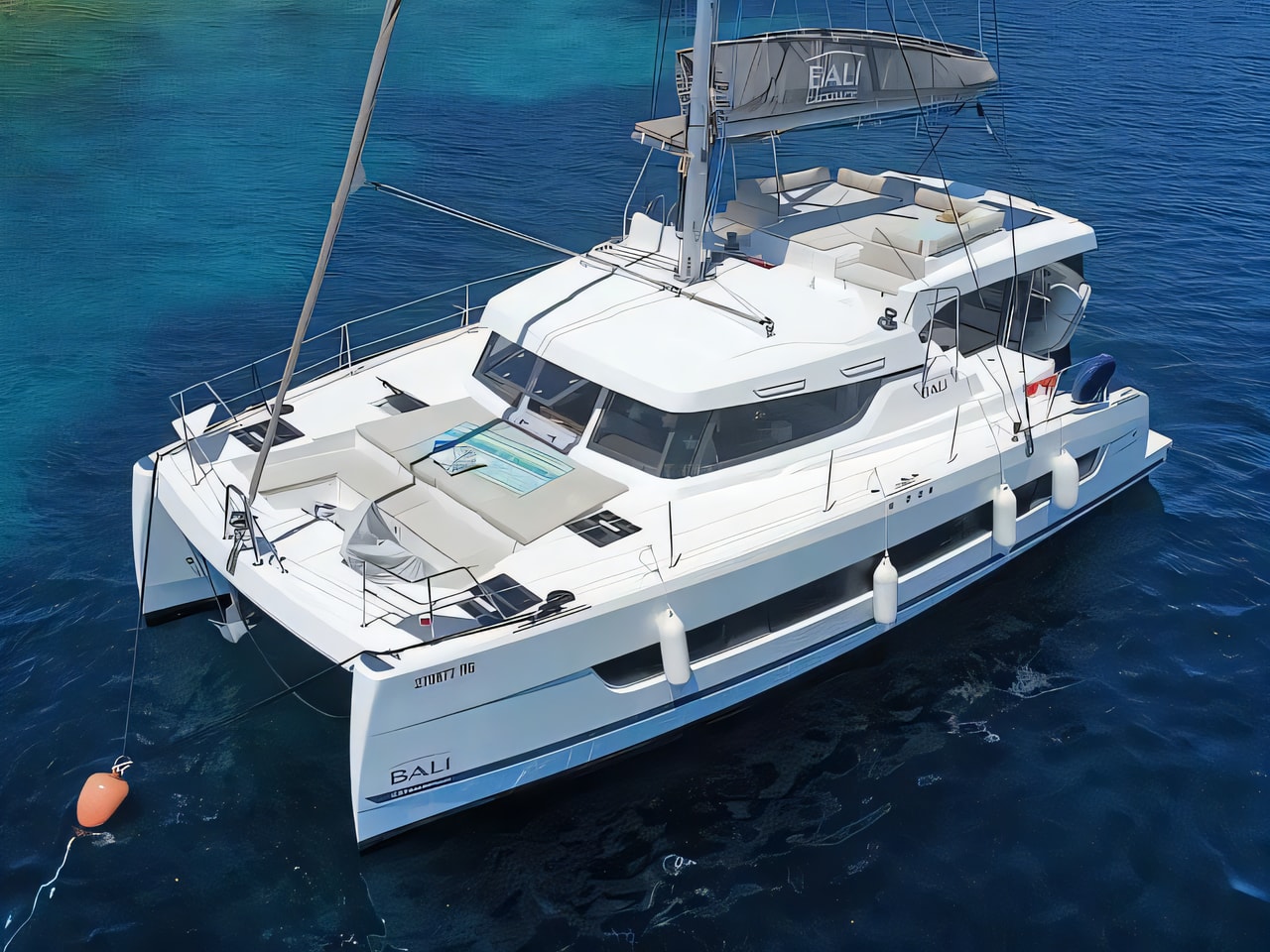 Exterior overview of Bali Catspace catamaran for charter from Rogoznica Marina Frapa in the Kornati sailing area Croatia