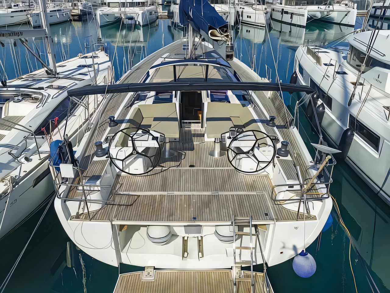 Exterior overview of Hanse 575 sail boat for charter from Sukosan Marina Dalmacija in the Kornati sailing area Croatia