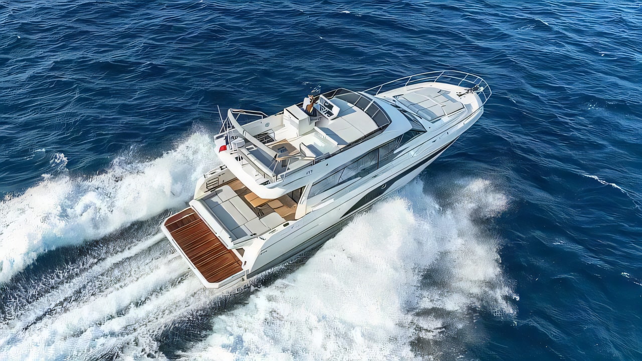 Exterior overview of Prestige 590 Fly motoryacht for charter from Sukosan Marina Dalmacija in the Kornati sailing area Croatia