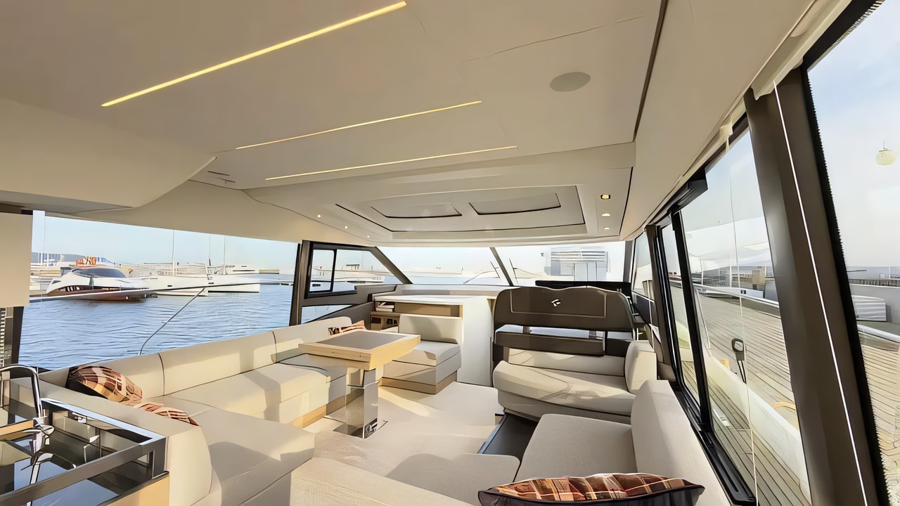 Layout of Prestige 590 Fly motoryacht with 3 cabins Croatia yacht charter