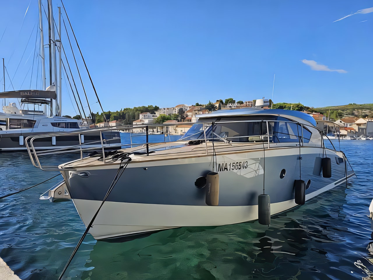 Exterior overview of Brioni 44 motor boat for charter from Split ACI Marina in the Split sailing area Croatia