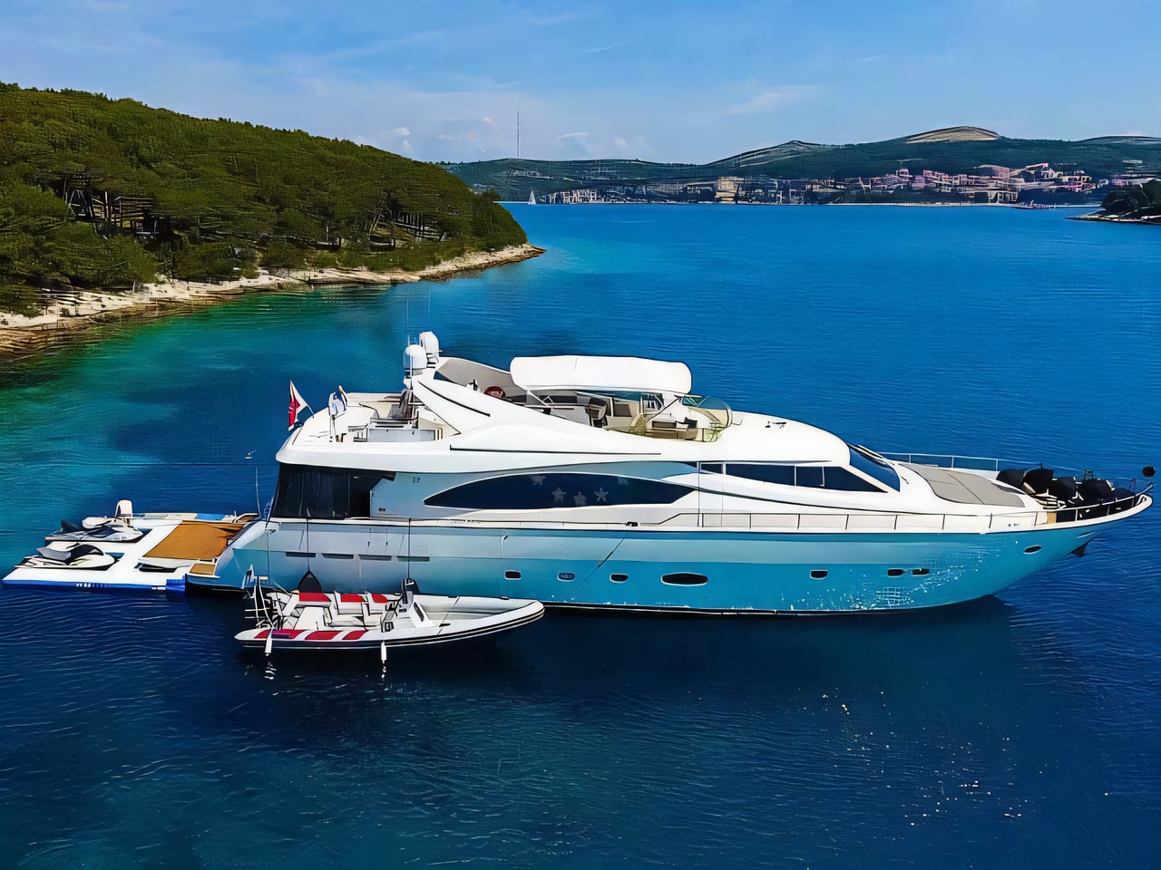 Exterior overview of Ferretti 880 motoryacht for charter from Seget Donji Marina Baotic in the Split sailing area Croatia