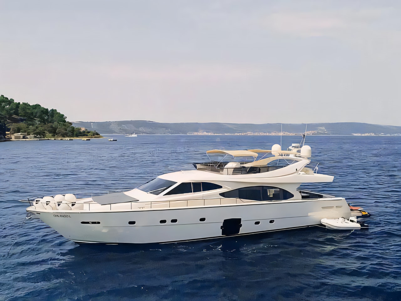 Exterior overview of Ferretti 780 motoryacht for charter from Split ACI Marina in the Split sailing area Croatia