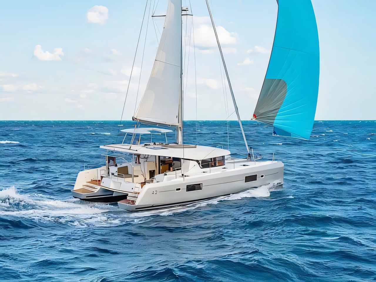 Exterior overview of Lagoon 42 - 6 cab version catamaran for charter from Primosten Marina Kremik in the Kornati sailing area Croatia