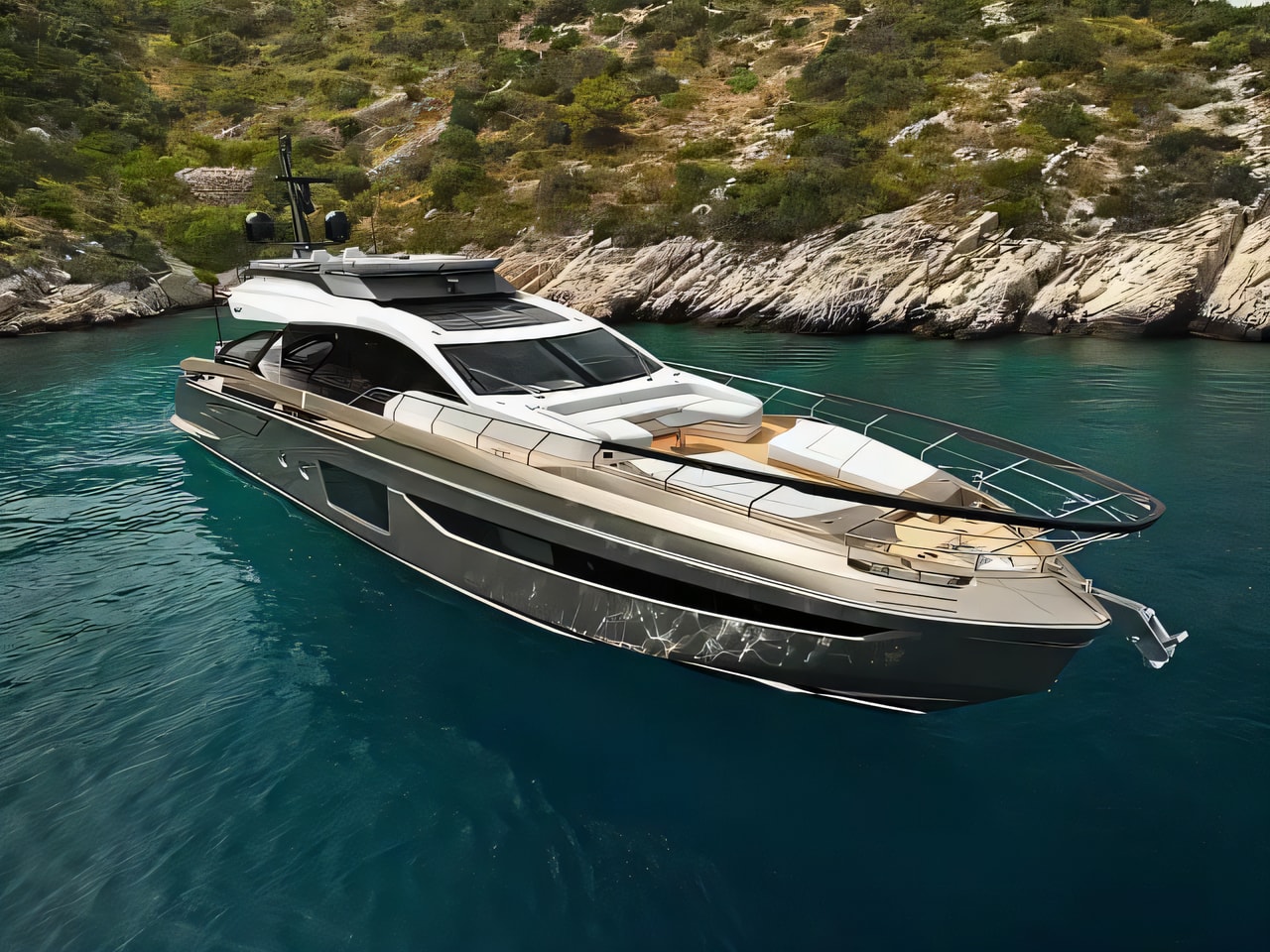 Exterior overview of Azimut S8 motoryacht for charter from Rogoznica Marina Frapa in the Kornati sailing area Croatia