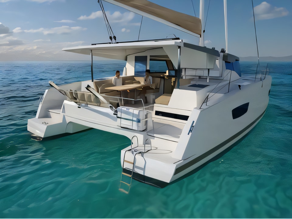 Exterior overview of FP Lucia 40 catamaran for charter from SCT Marina Trogir in the Split sailing area Croatia