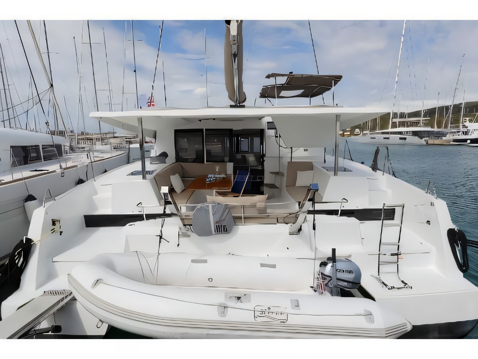 Exterior overview of FP Lucia 40 catamaran for charter from Sukosan Marina Dalmacija in the Zadar sailing area Croatia