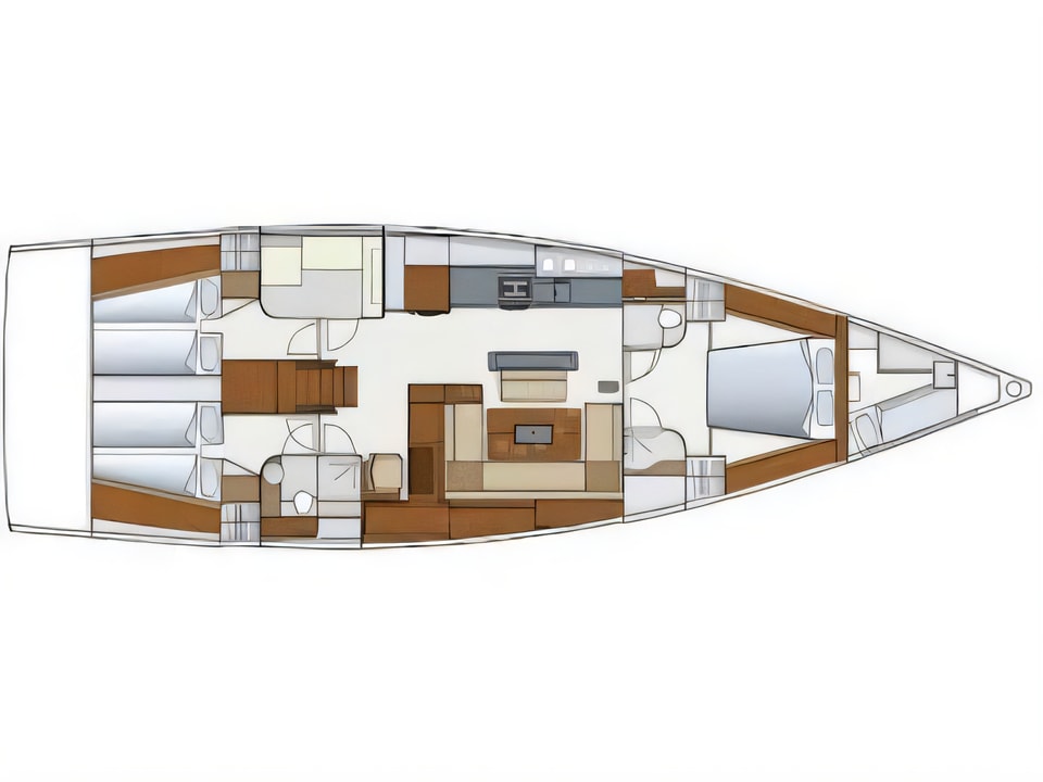Layout of Hanse 575 sail boat with 4 cabins Croatia yacht charter