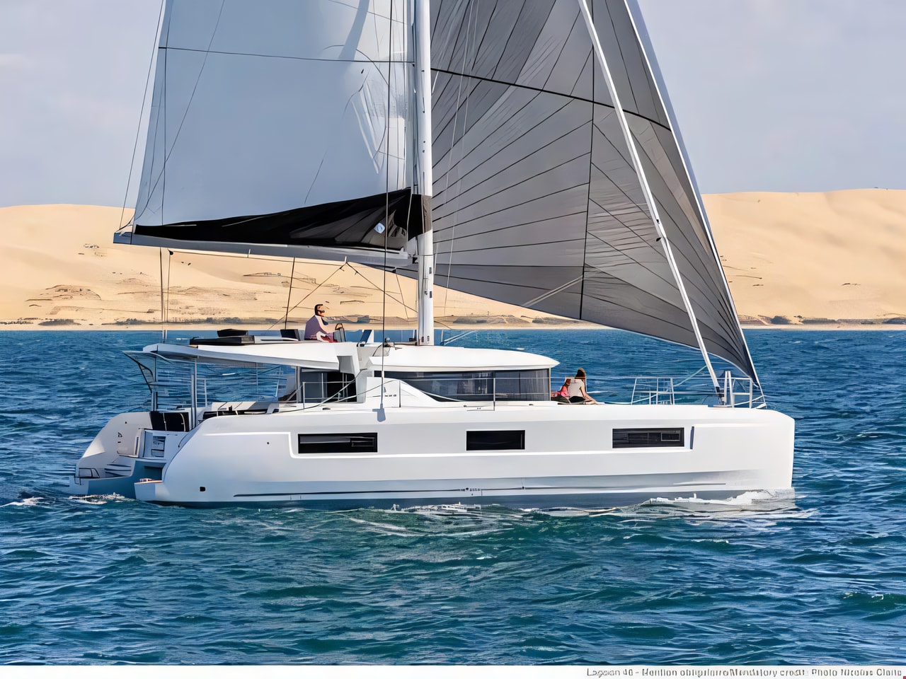 Exterior overview of Lagoon 46 A / C & GEN & WM catamaran for charter from Skradin ACI Marina in the Kornati sailing area Croatia