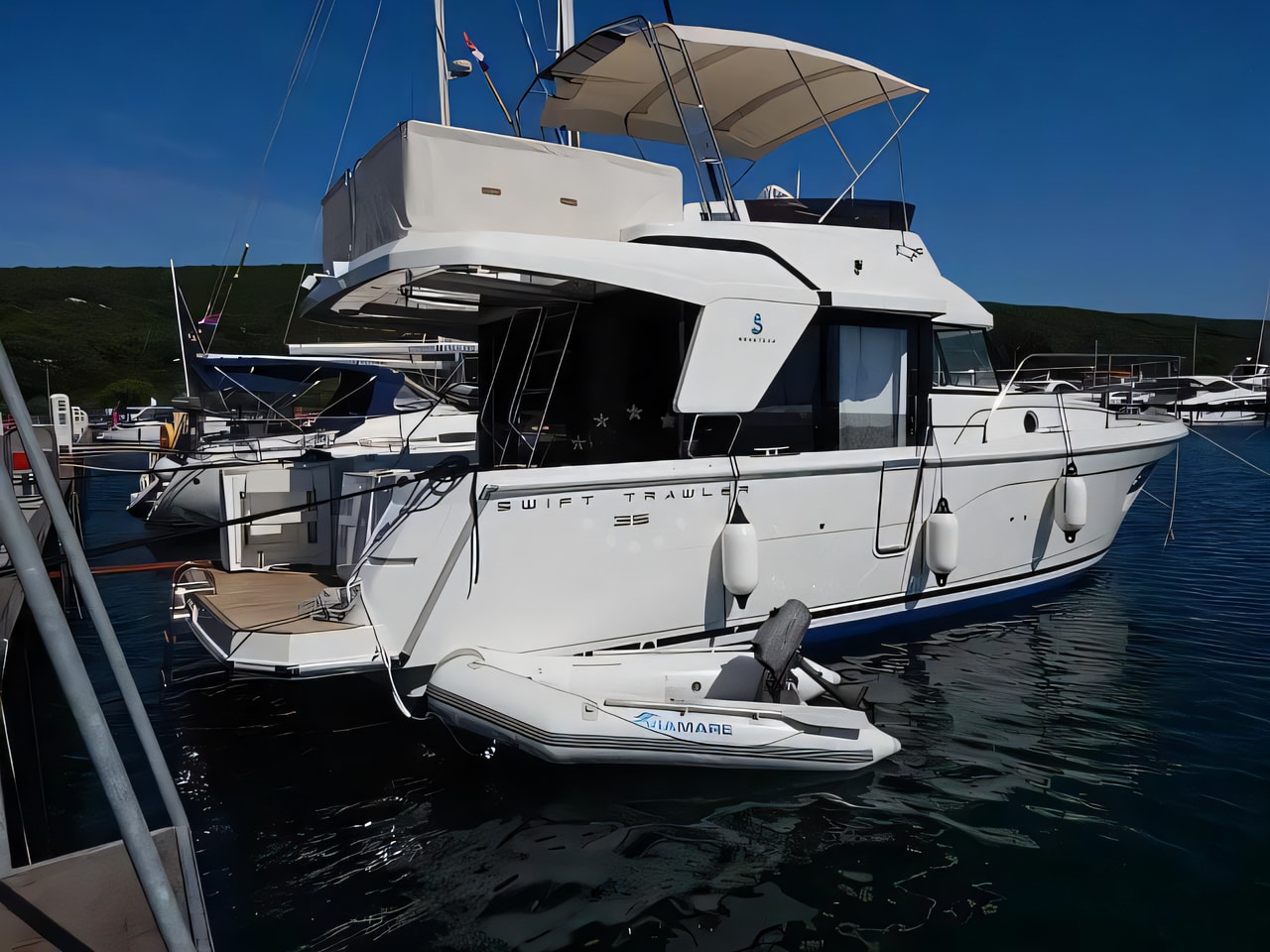 Exterior overview of Swift Trawler 35 motor boat for charter from Zadar Marina Borik in the Kornati sailing area Croatia