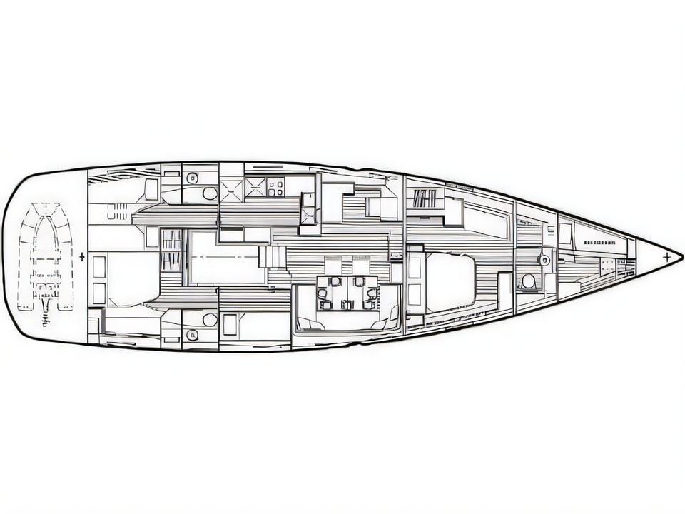 Layout of Jeanneau 64 sail boat with 4 cabins Croatia yacht charter