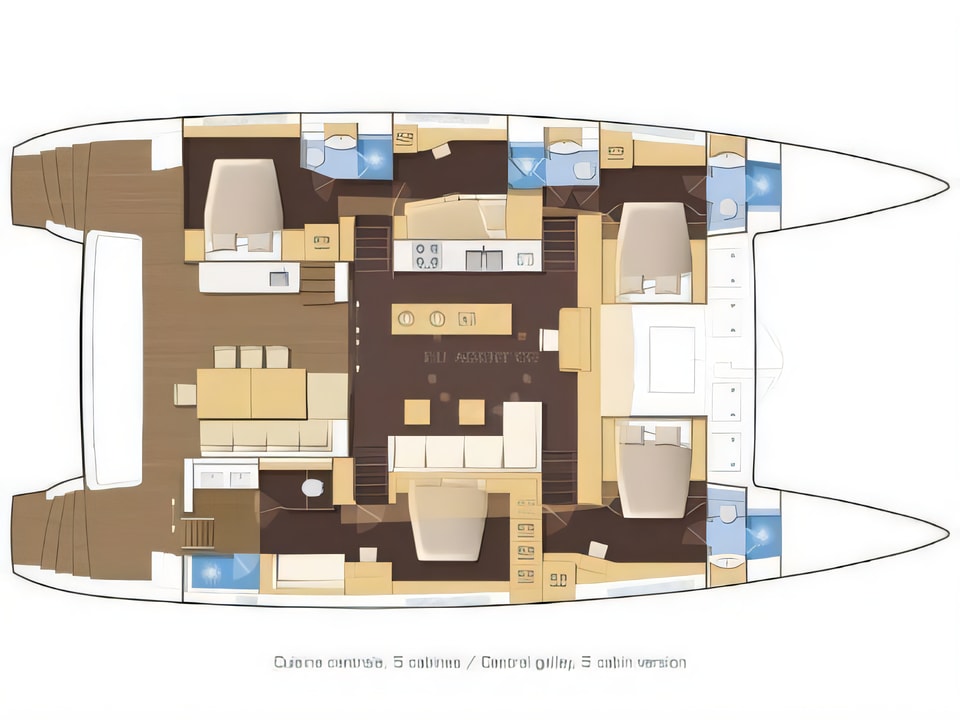 Layout of Lagoon 630 Power power catamaran with 5 cabins Croatia yacht charter