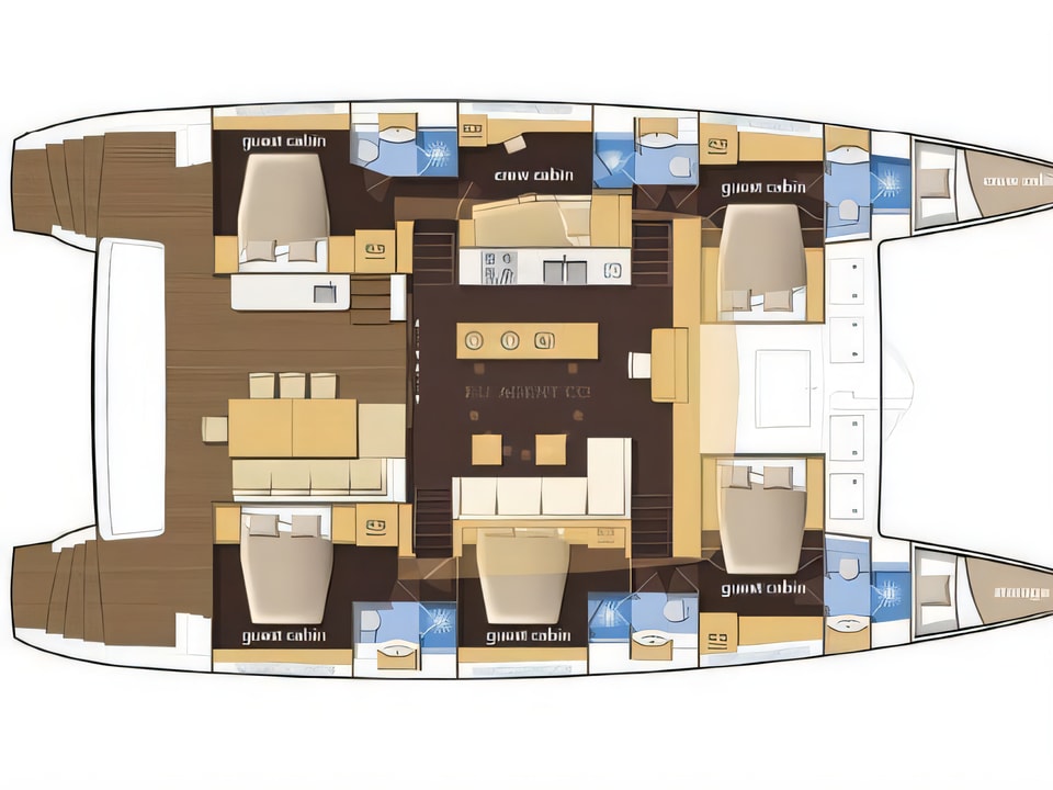 Layout of Lagoon 620 catamaran with 5 cabins Croatia yacht charter