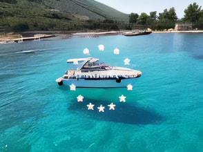 Exterior overview of Bavaria S30 motor boat for charter from Biograd Kornati in the Zadar sailing area Croatia