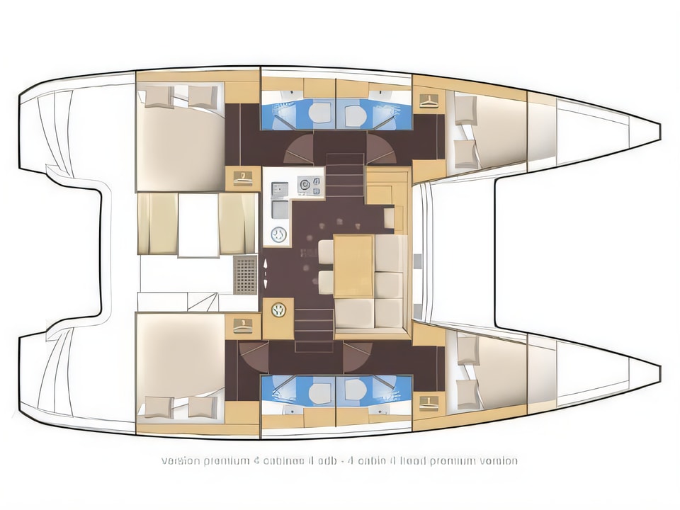Layout of Lagoon 39 catamaran with 6 cabins Croatia yacht charter