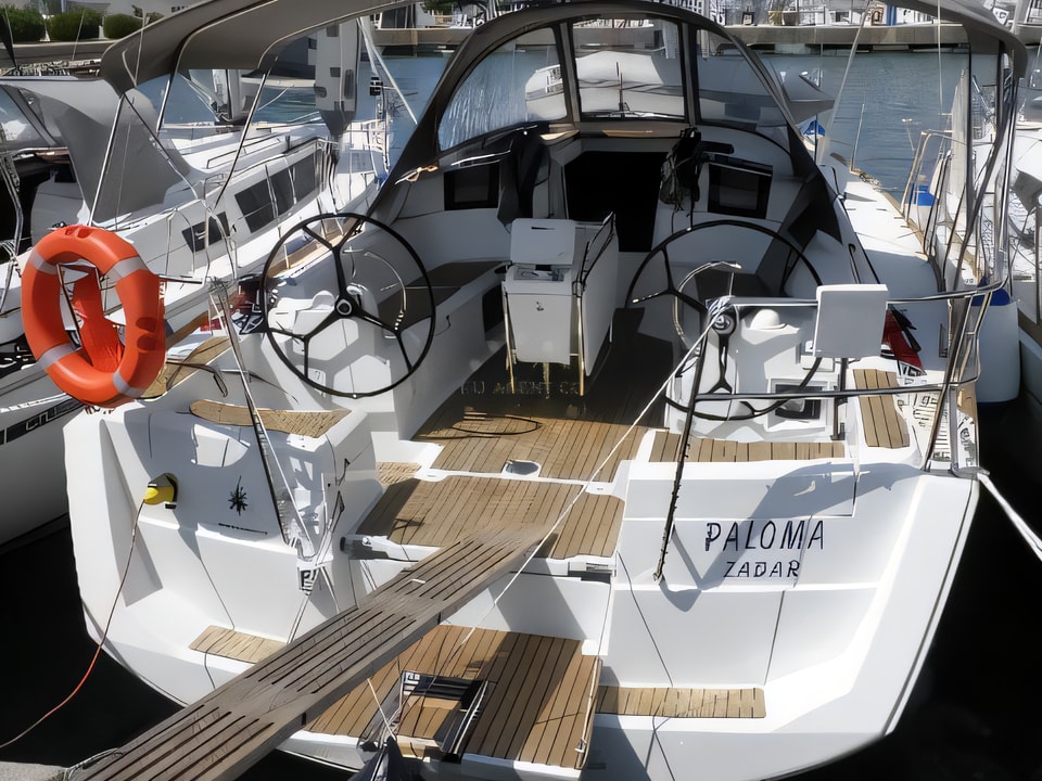 Exterior overview of Sun odyssey 379 performance sail boat for charter from Sukosan Marina Dalmacija in the Zadar sailing area Croatia