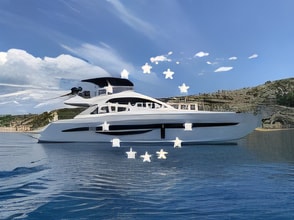 Exterior overview of Galeon 700 Skydeck motoryacht for charter from Vinodolski Novi Mitan Marina in the Istria / Kvarner sailing area Croatia