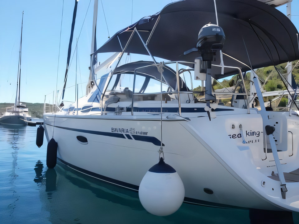 Exterior overview of Bavaria 42 sail boat for charter from Primosten Marina Kremik in the Sibenik sailing area Croatia