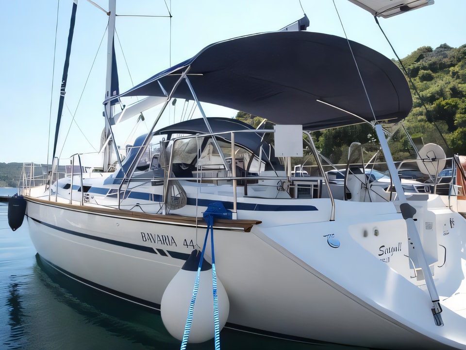 Exterior overview of Bavaria 44 sail boat for charter from Primosten Marina Kremik in the Sibenik sailing area Croatia