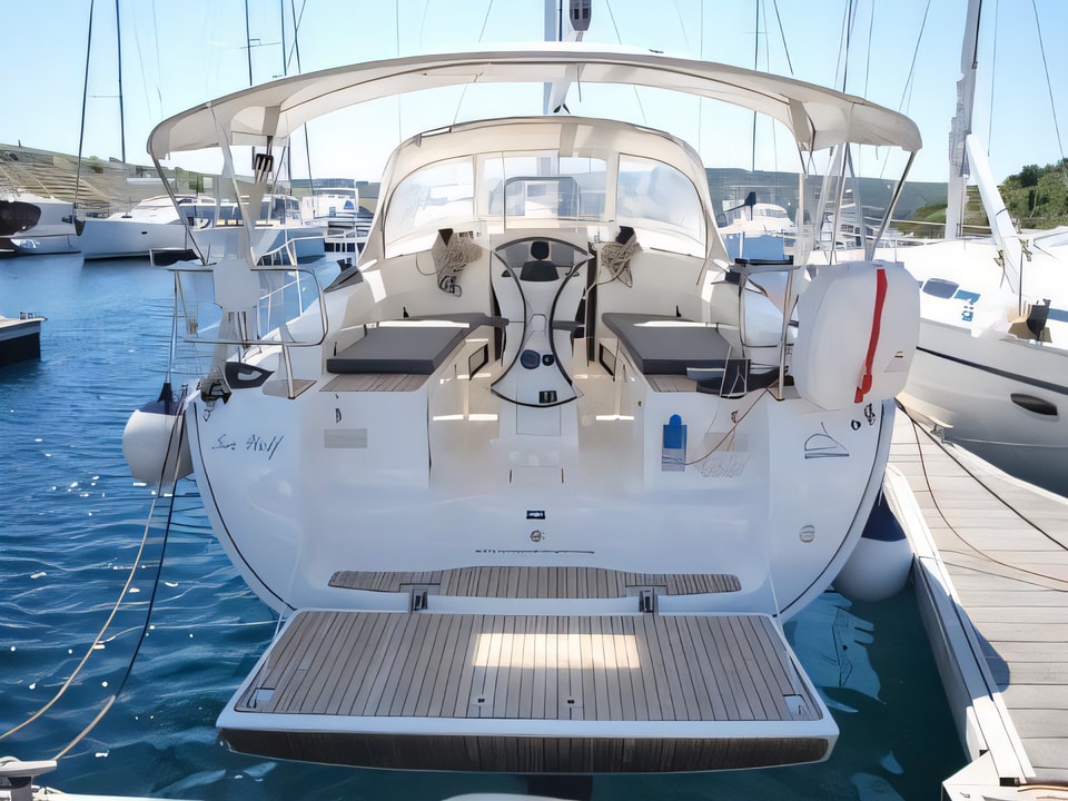 Exterior overview of Bavaria 36 sail boat for charter from Primosten Marina Kremik in the Sibenik sailing area Croatia