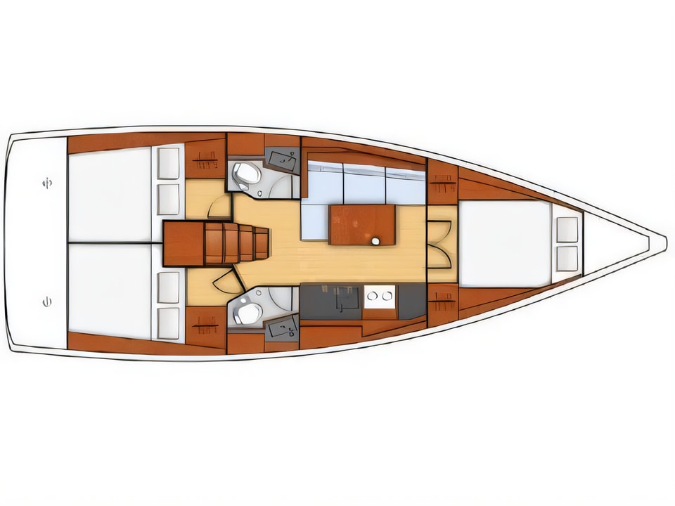 Layout of Beneteau Oceanis 38.1 sail boat with 3 cabins Croatia yacht charter