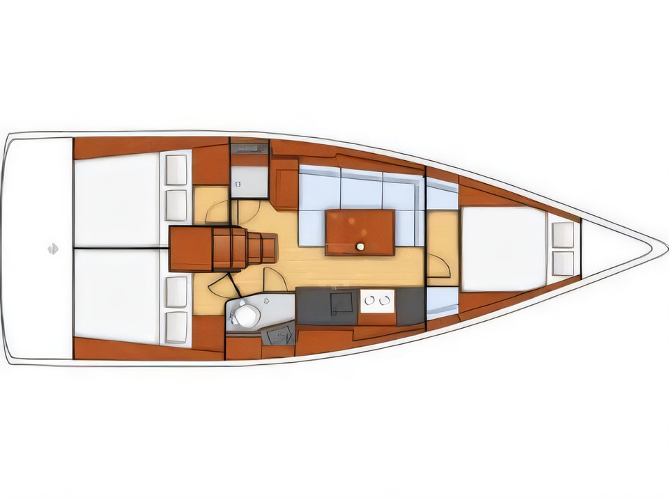 Layout of Oceanis 38 sail boat with 3 cabins Croatia yacht charter