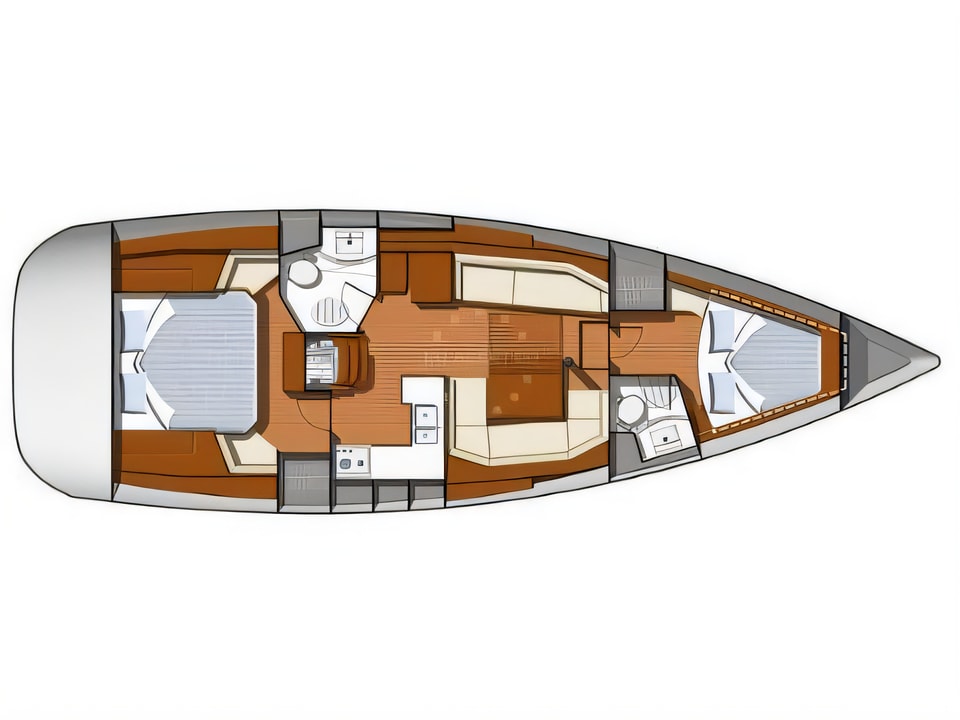 Layout of Sun Odyssey 42DS sail boat with 2 cabins Croatia yacht charter