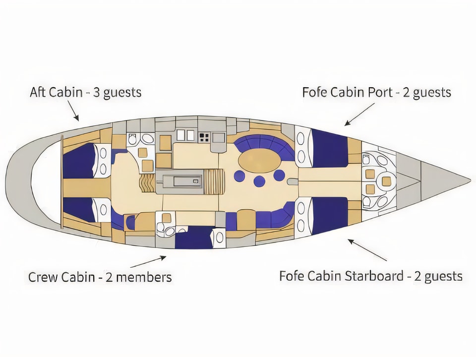 Layout of Beneteau 62 sail boat with 4 cabins Croatia yacht charter
