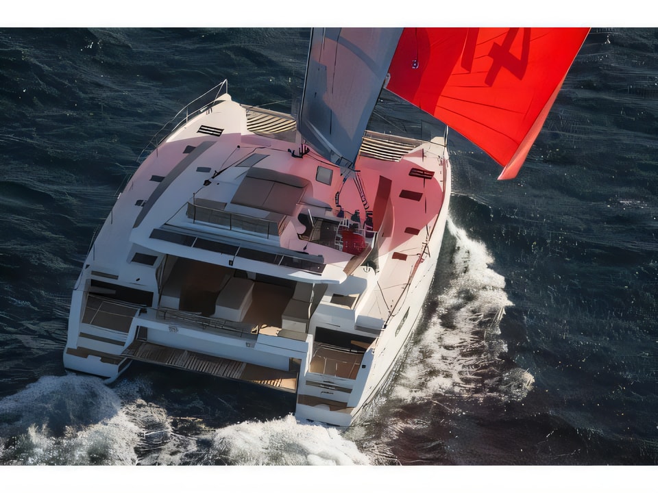 Exterior overview of Saona 47 catamaran for charter from Pula Tehnomont Marina Veruda in the Istria / Kvarner sailing area Croatia