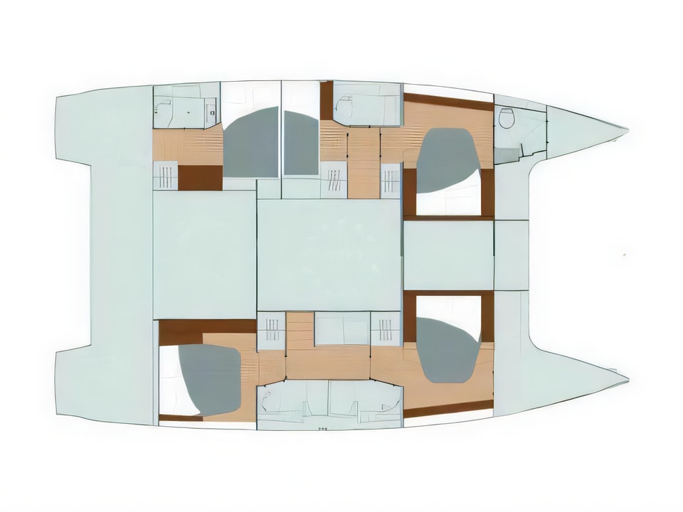 Layout of Saona 47 catamaran with 5 cabins Croatia yacht charter