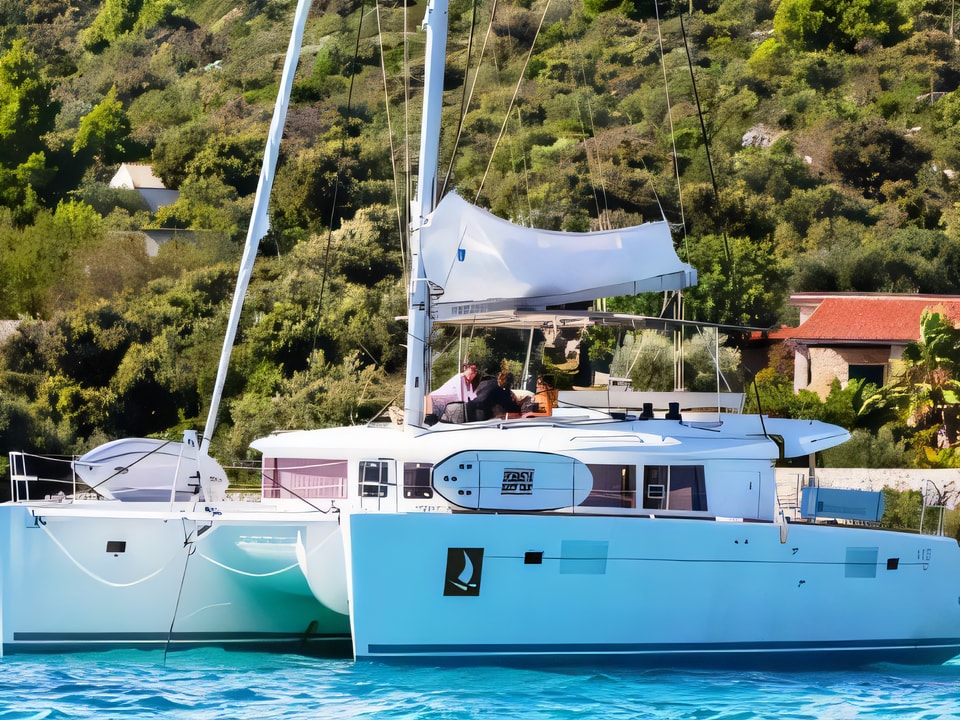 Exterior overview of Lagoon 450 F Luxury catamaran for charter from SCT Marina Trogir in the Split sailing area Croatia