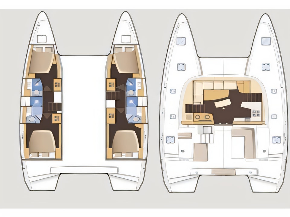 Layout of Lagoon 42 catamaran with 6 cabins Croatia yacht charter