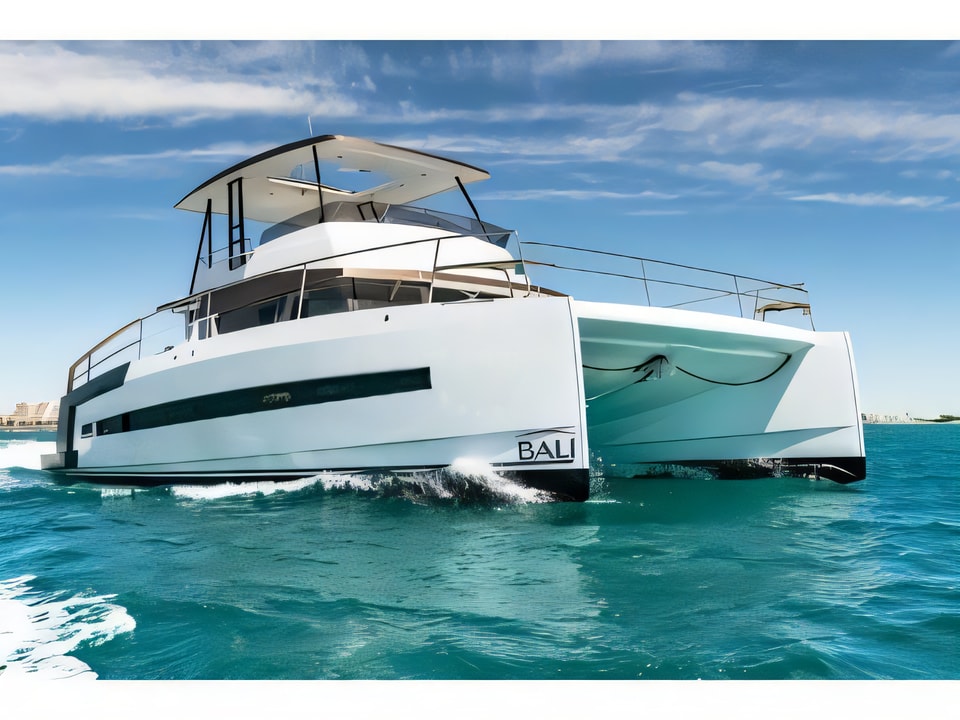 Exterior overview of Bali 4.3 MY power catamaran for charter from Sibenik Marina Mandalina in the Sibenik sailing area Croatia