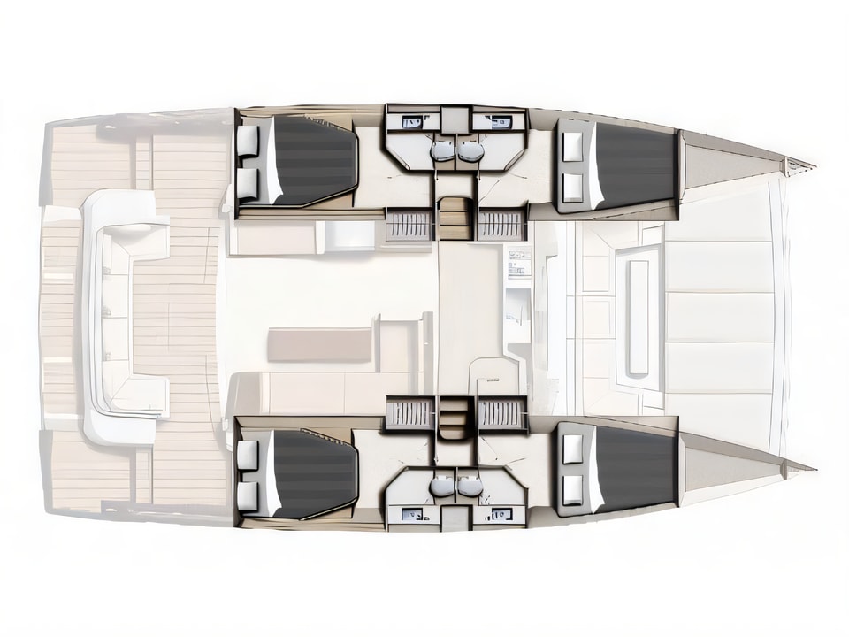 Layout of Bali 4.3 MY power catamaran with 6 cabins Croatia yacht charter