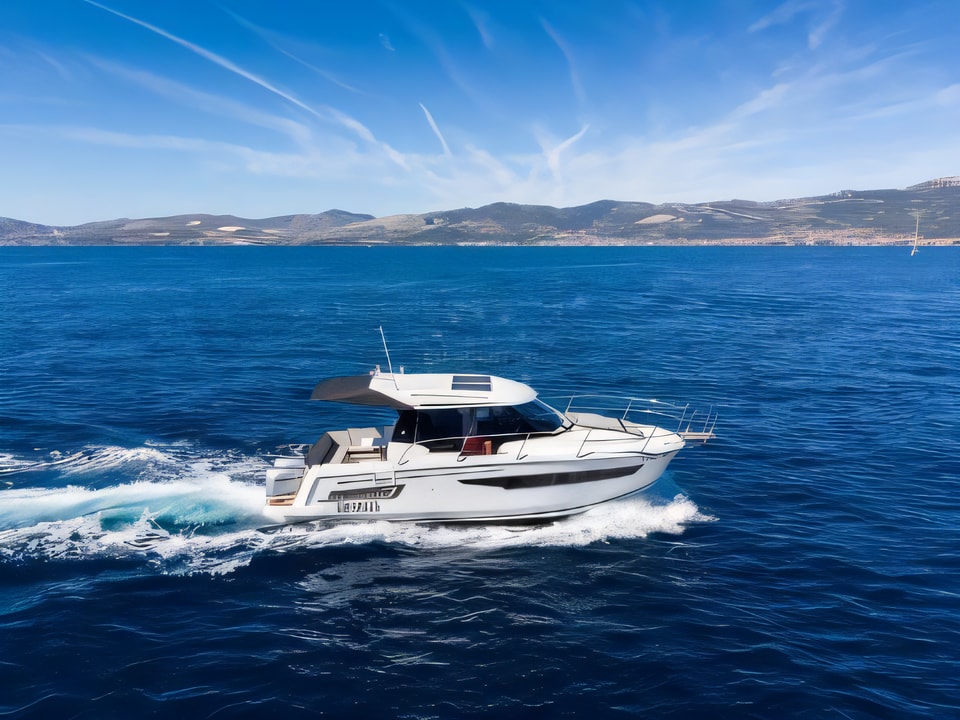 Exterior overview of Jeanneau Merry Fisher 895 motor boat for charter from Kastela Gomilica Marina in the Sibenik sailing area Croatia