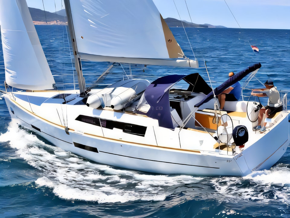 Exterior overview of DUFOUR 382 BT sail boat for charter from Sukosan Marina Dalmacija in the Zadar sailing area Croatia
