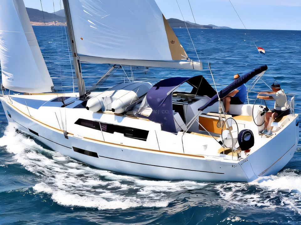 Exterior overview of DUFOUR 382 BT sail boat for charter from Sukosan Marina Dalmacija in the Zadar sailing area Croatia