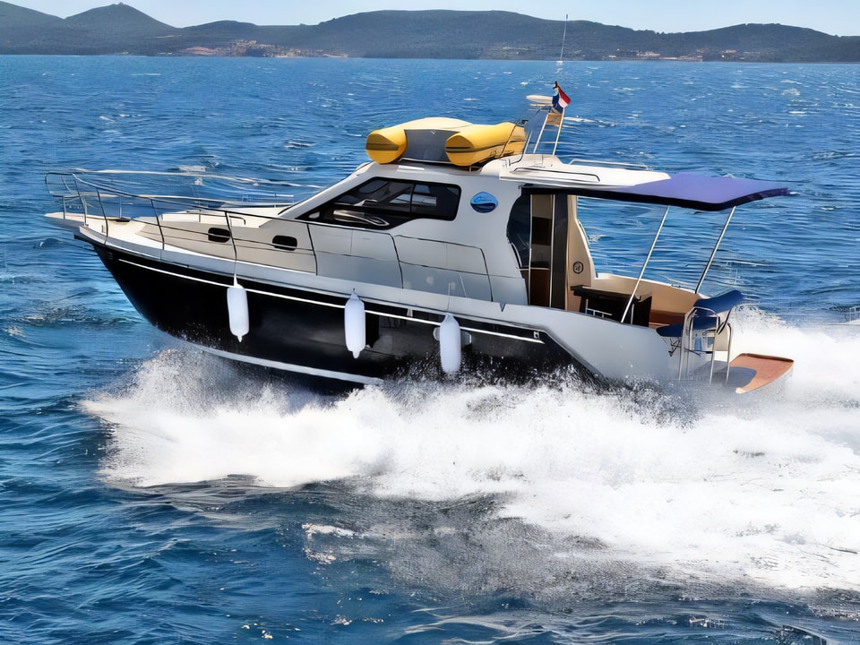 Exterior overview of VEKTOR 950 BT motor boat for charter from Sukosan Marina Dalmacija in the Zadar sailing area Croatia