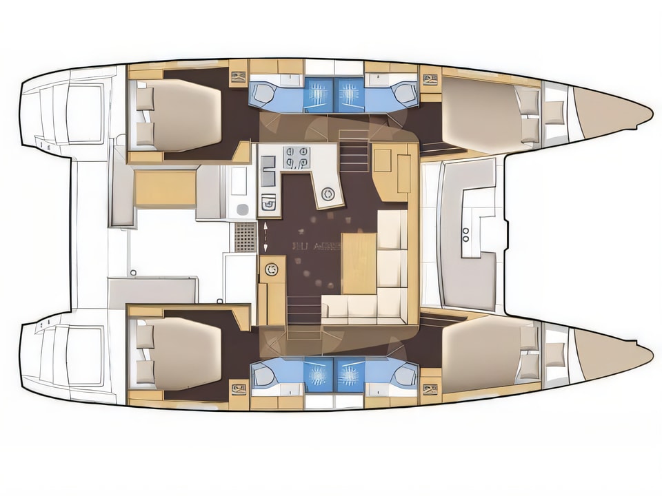 Layout of Lagoon 450 catamaran with 6 cabins Croatia yacht charter