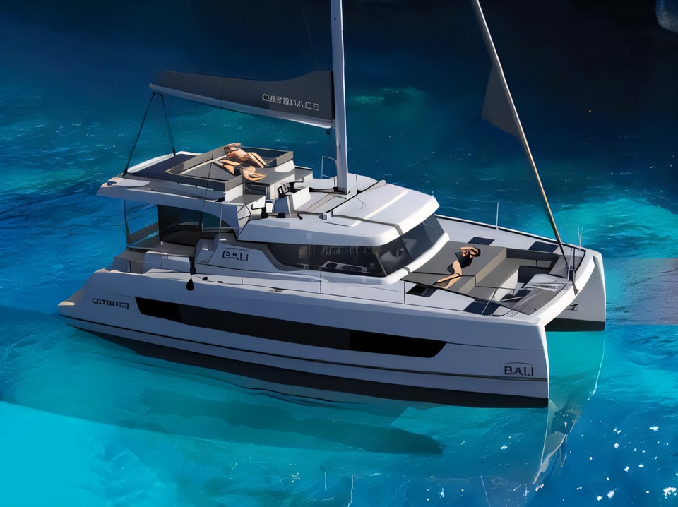 Exterior overview of Bali Catspace catamaran for charter from Sibenik Marina Mandalina in the Sibenik sailing area Croatia