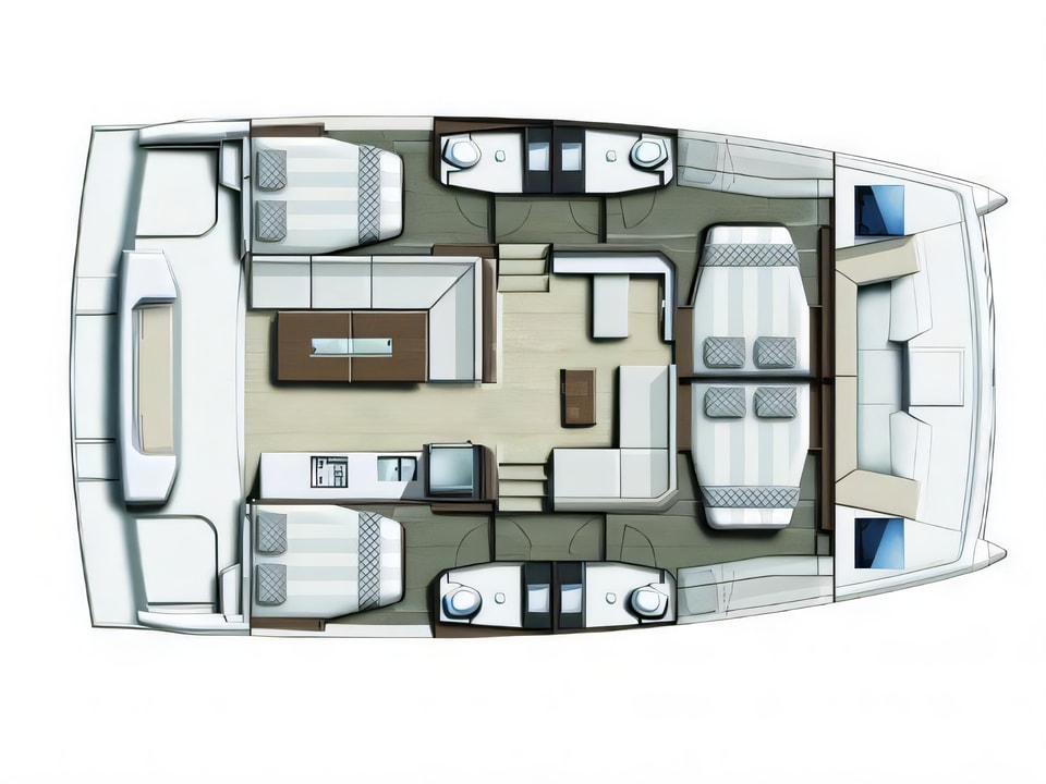 Layout of Bali Catspace catamaran with 4 cabins Croatia yacht charter