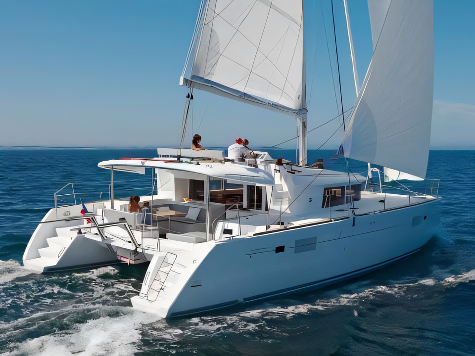 Exterior overview of Lagoon 450 catamaran for charter from Sibenik Marina Mandalina in the Sibenik sailing area Croatia