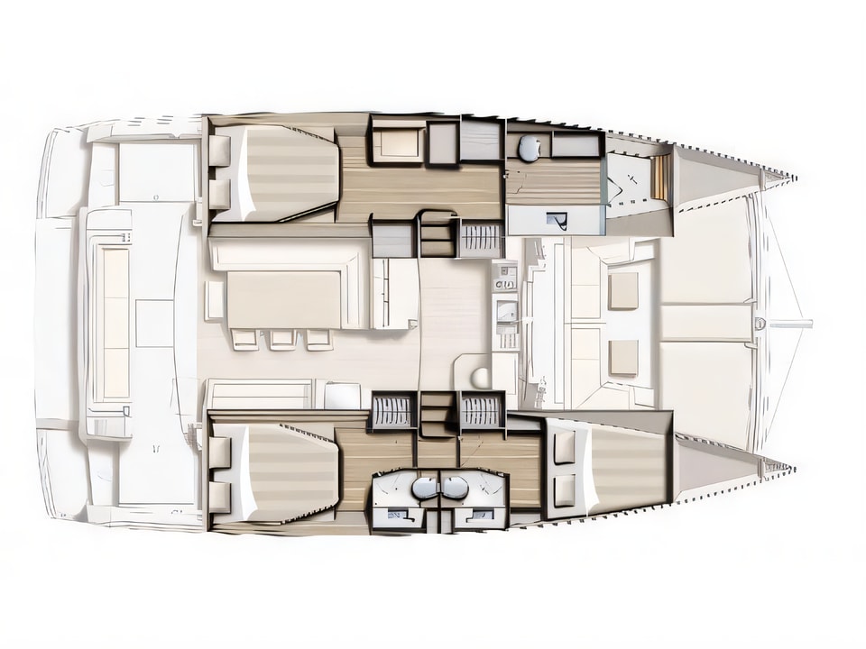 Layout of Bali 4.1-3 cab.; ROLL MAINSAIL catamaran with 4 cabins Croatia yacht charter
