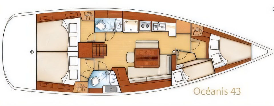 Layout of Oceanis 43 sail boat with 4 cabins Croatia yacht charter