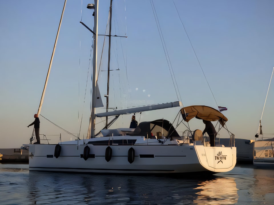 Exterior overview of Dufour 460 Grand Large 3 cabin sail boat for charter from Kastela Gomilica Marina in the Sibenik sailing area Croatia